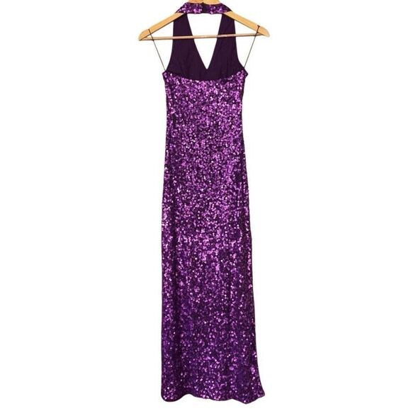 Cache Purple Sequined Halter Dress Stretch Bodycon Fully Lined size 4 - Picture 2 of 15